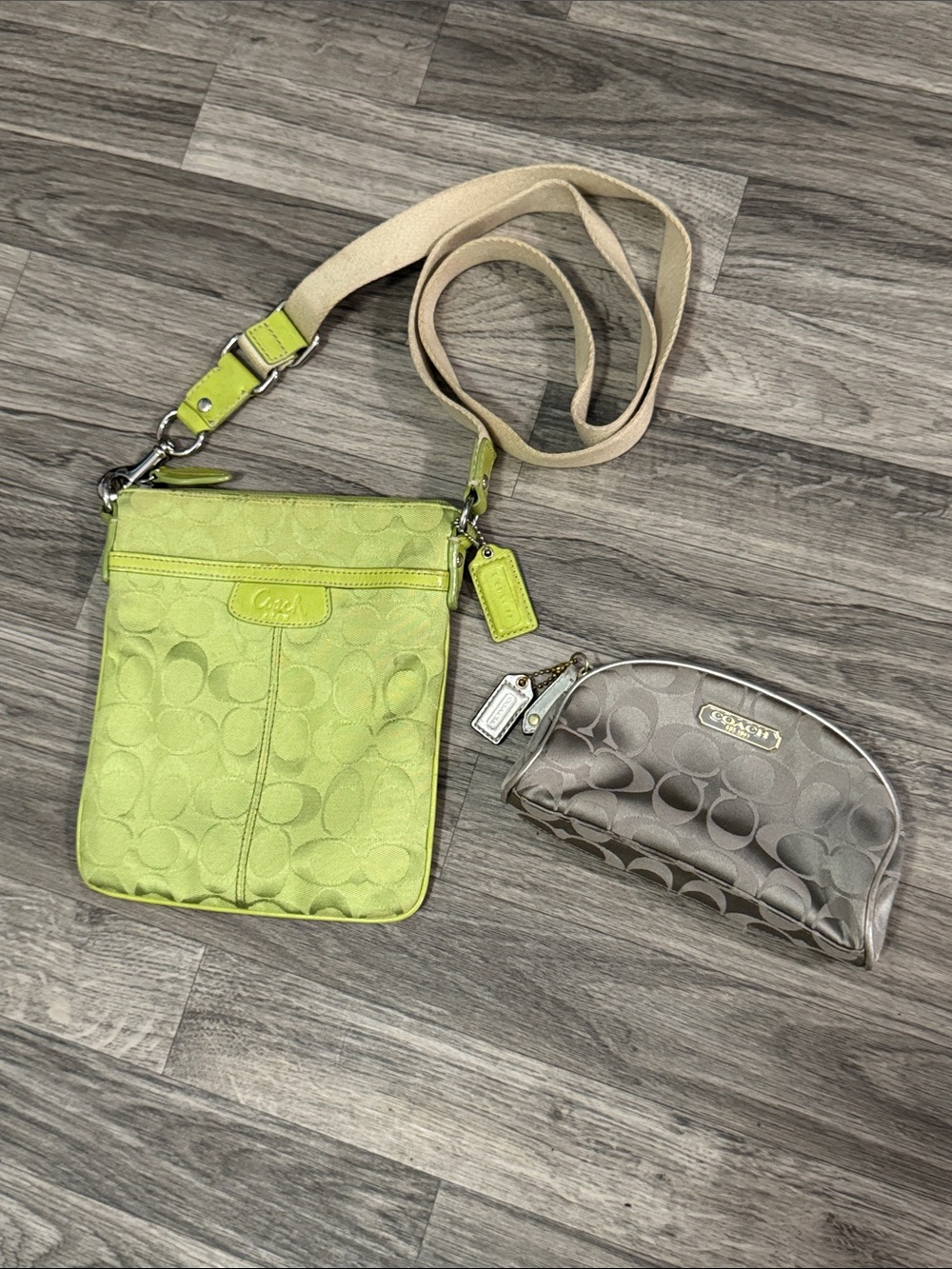 Coach green signature crossbody and small silver pouch, as is
